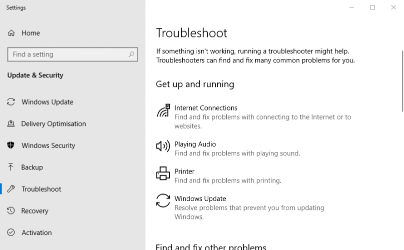 Troubleshoot Settings tab windows 10 error 0x8007000e