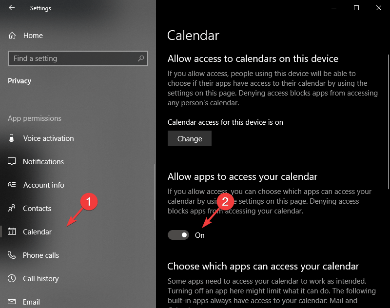 Allow apps to access your calendar - windows 10 calendar not syncing with gmail/outlook