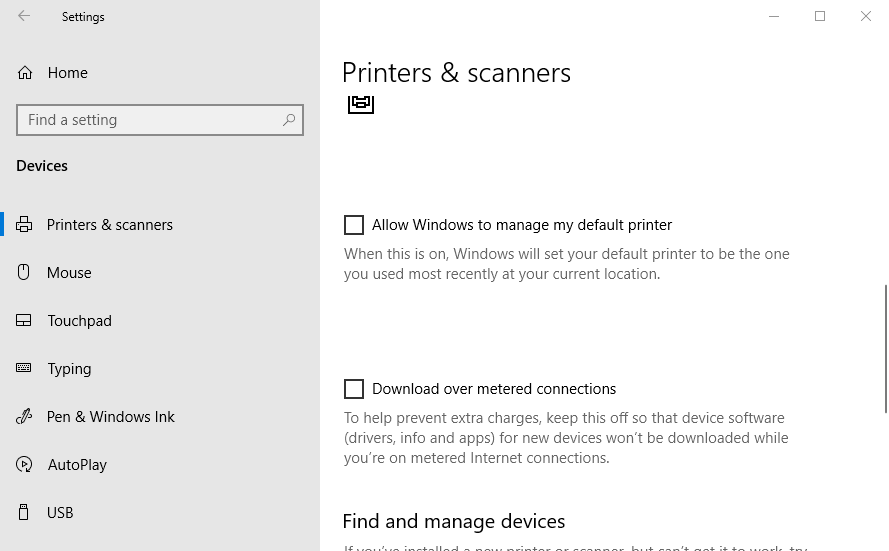 Printers & scanners tab my printer cannot be set as default
