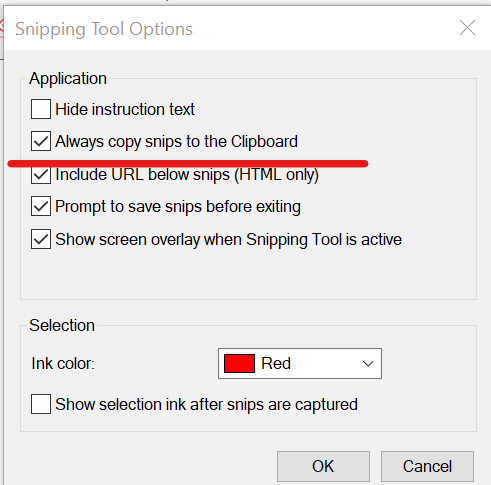 Enable Copy to Clipboard option in Snipping Tool