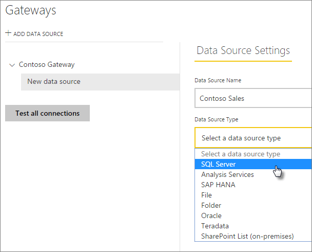Date Source Settings drop-down menu power bi can't find gateway