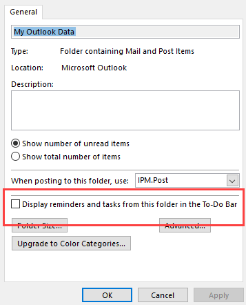 the reminder will not appear because the item is in a folder that doesn’t support reminders