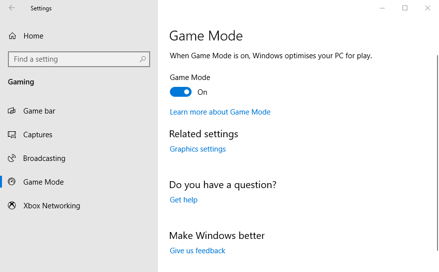 Game Mode settings gaming features aren't available for the windows desktop