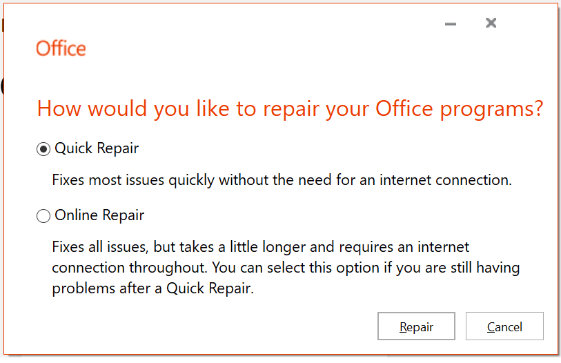 Microsoft Office Repair Windows 10