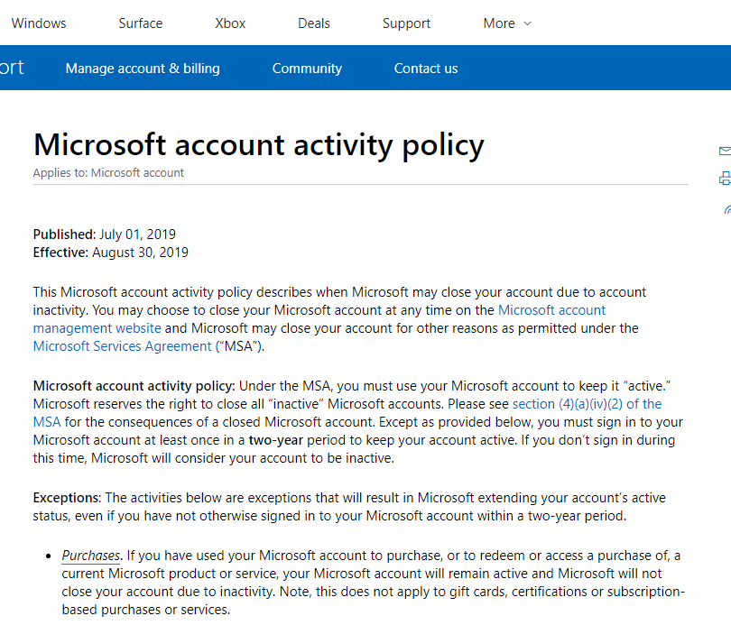 Microsoft account activity policy for inactive accounts