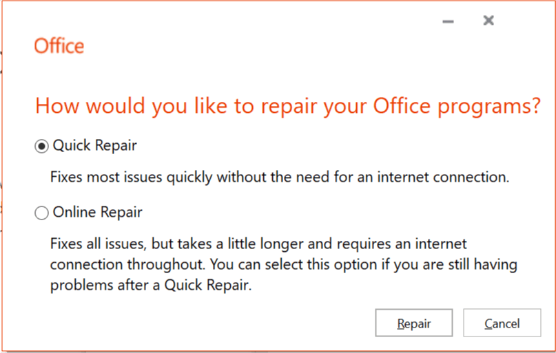 Quick and Online Repair Outlooks outlook does not support the connection encryption type