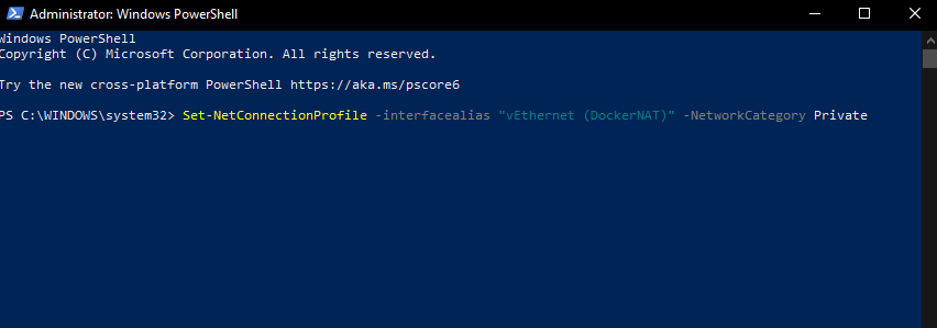 PowerShell admin with command - windows 10 error response from daemon drive sharing seems blocked by a firewall