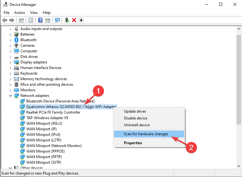 Scan for hardware changes - Wireless drivers are missing