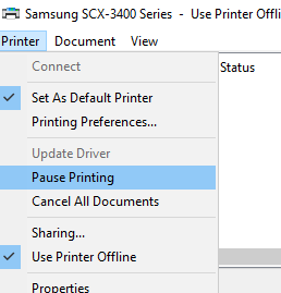 Pause Printing option my printer cannot print excel files