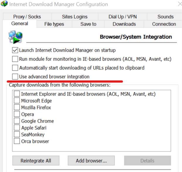 Disable Use Advanced Browser Integration in IDM