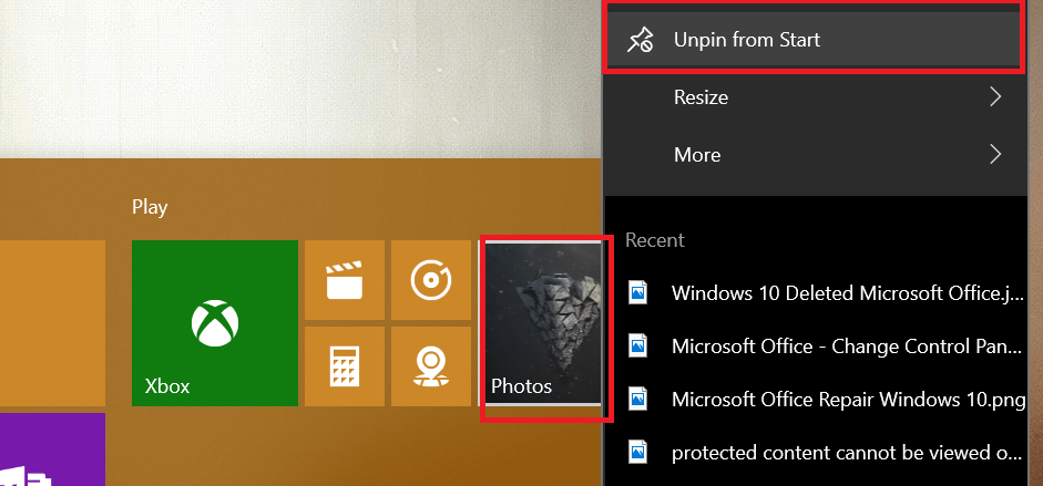 unpin photos tile Windows 10 photo tile showing deleted photos