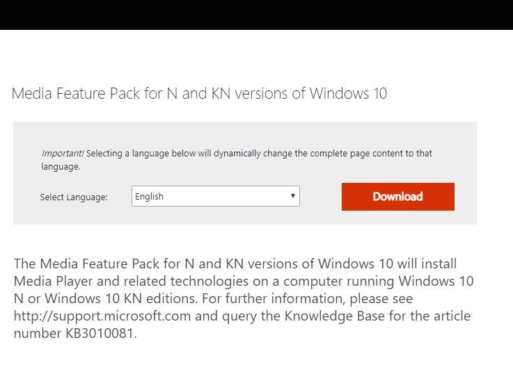 Media Feature Pack page gaming features aren't available for the windows desktop