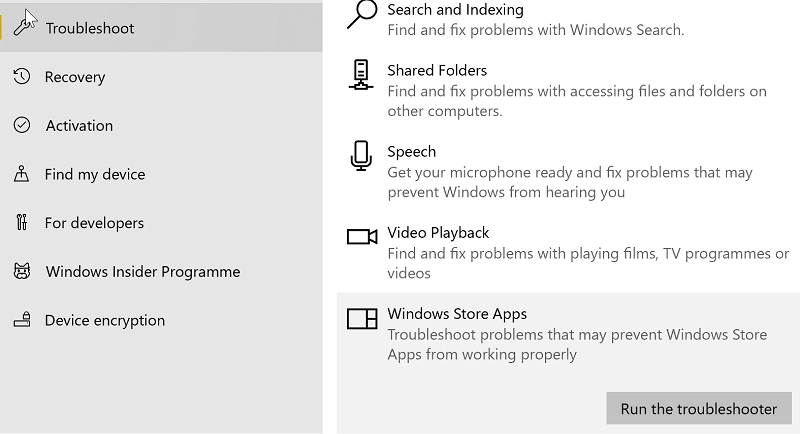 Troubleshoot Windows Store Apps to work around internal server error in windows 10