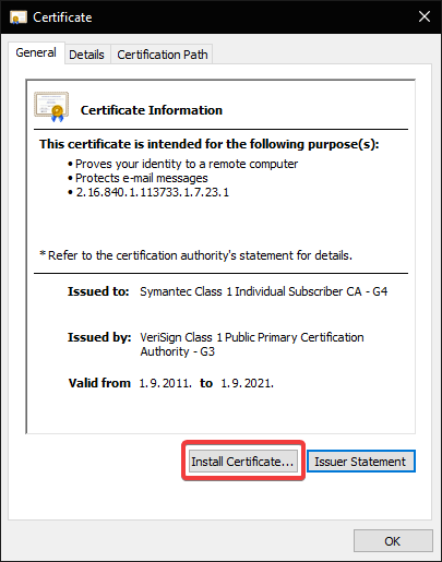 Windows doesn't have enough information to verify this certificate 