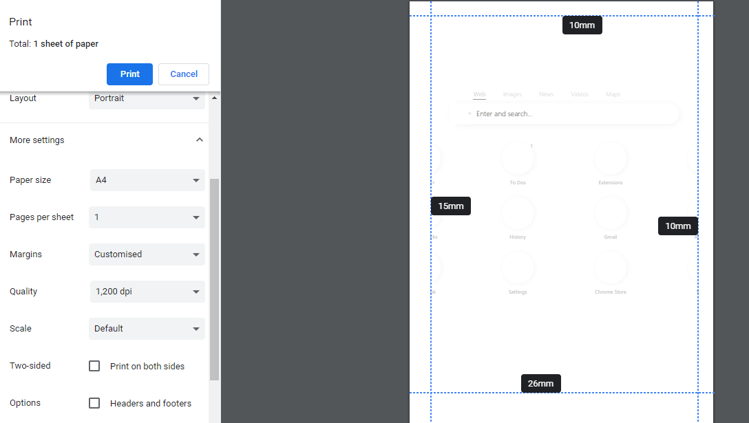 Chrome's print options my printer cuts off the bottom of the page