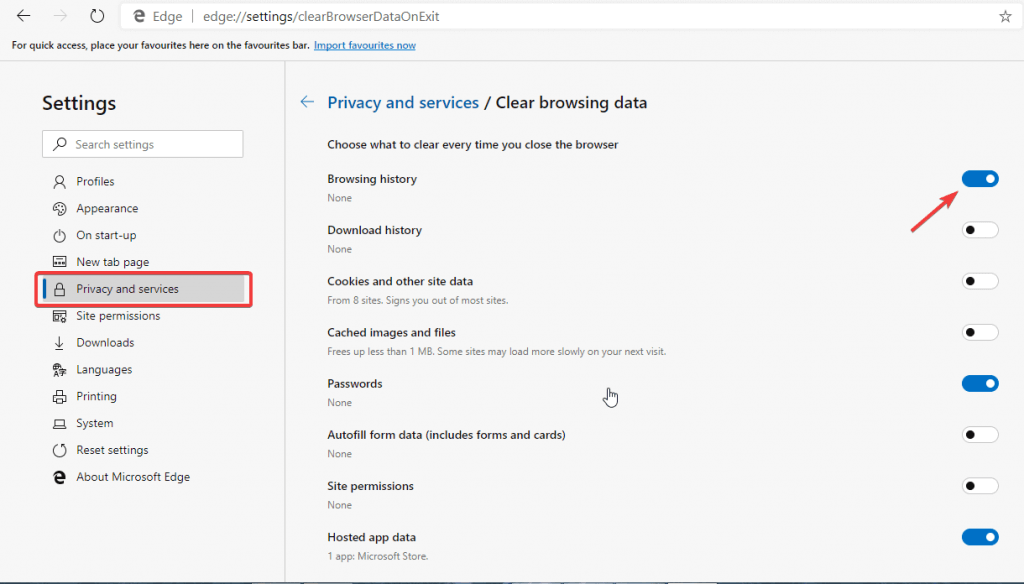 How to enable Clear Browsing Data on Exit in Chromium Edge