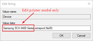 Value data box my printer cannot be set as default