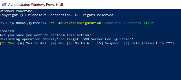 powershell set-smbserverconfiguration your system requires smb2 or higher