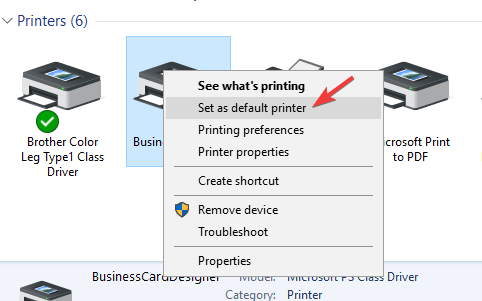 set as default printer problem getting printer information from the system