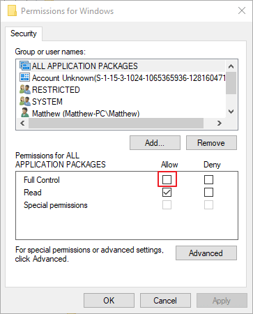 The Full Control check box my printer cannot be set as default