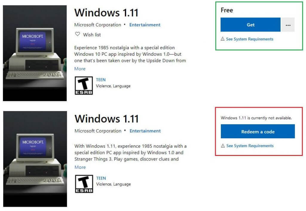 Windows 1.11 app listed on Microsoft Store