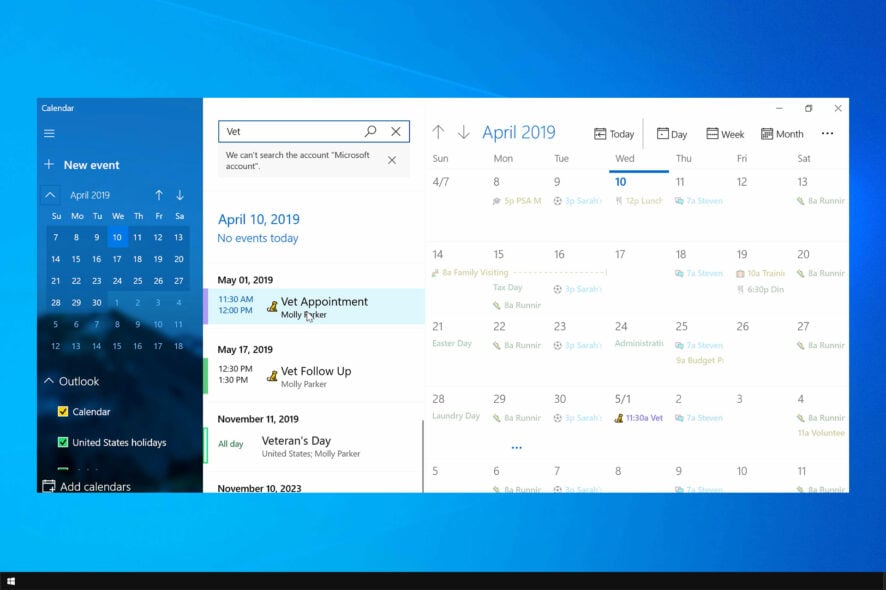 windows calendar not showing events