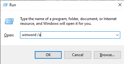 winword a command in run window - Windows needs more disk space to print