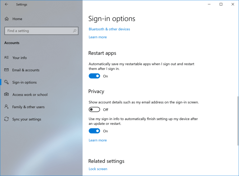 Windows 10 Build 18965 sign-in options