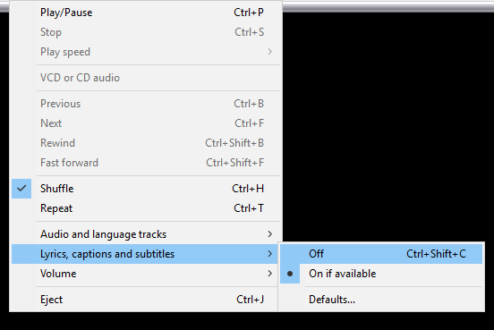 Lyrics, captions, and subtitles submenu windows media player cannot load subtitles