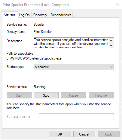 Print Spooler settings error printing message windows 10