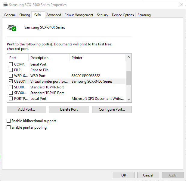 Ports tab error printing message windows 10