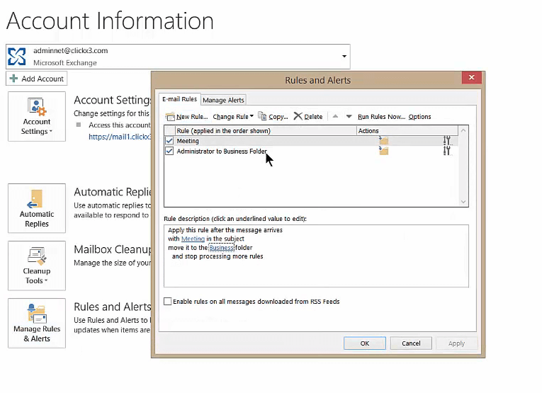 The Rules and Alerts window gmail not being delivered to outlook
