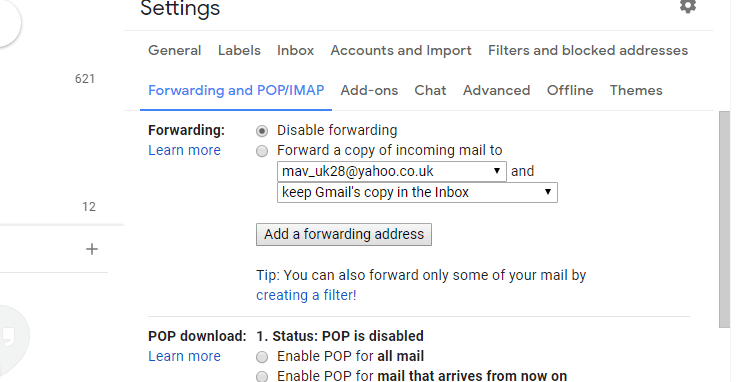 The Forwarding tab gmail account not receiving emails
