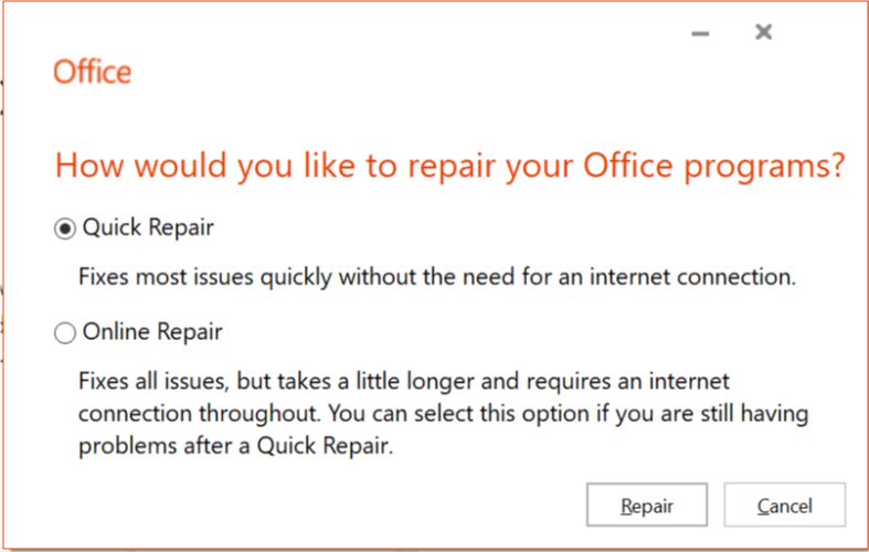 Office 2016's repair options microsoft office access error in loading dll