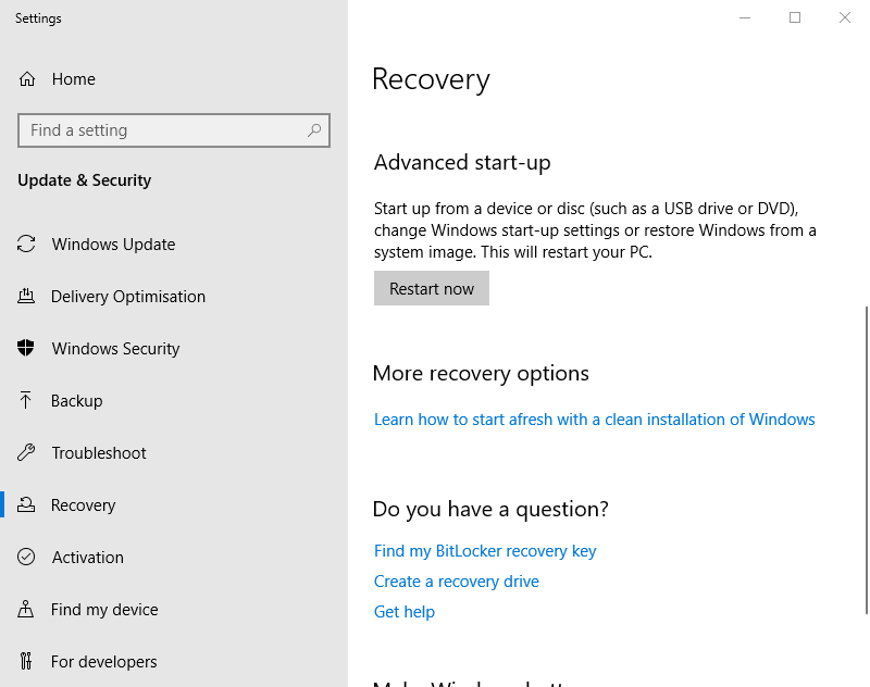 Restart now button how to enter recovery mode windows 10