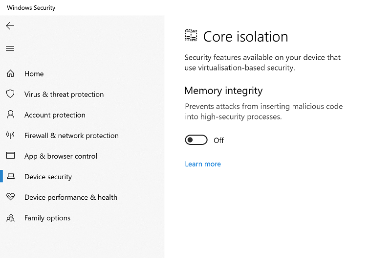 Turn off Memory Integrity under Core Isolation in Windows Security if VMware is not working on Windows 10