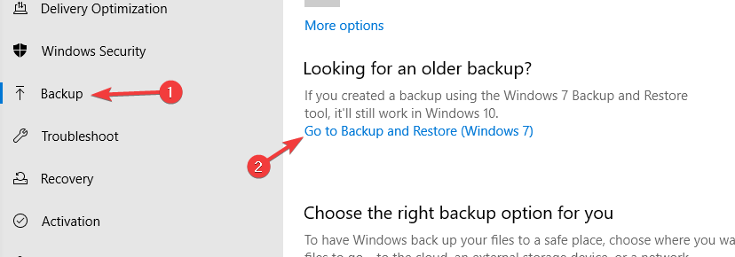 go to backup and restore transfer files windows 7 to windows 10