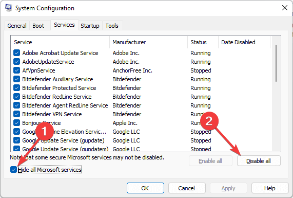 disabling all services except microsoft services msconfig