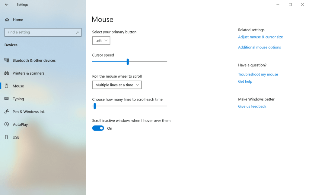 mouse cursor speed in settings Preview Build 18963