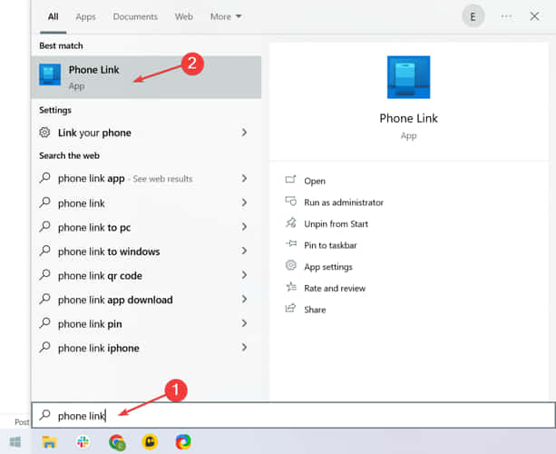 search for phone link in windows search and open it