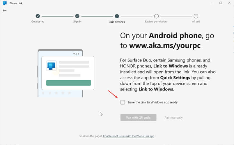 click to pair your android with phone link via code