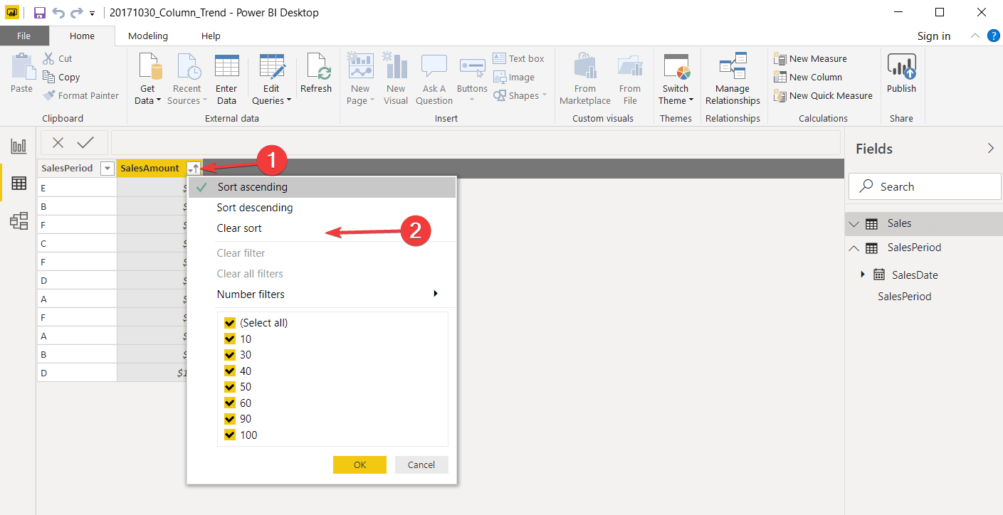 power bi click on clear sorting