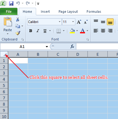 excel select all cells