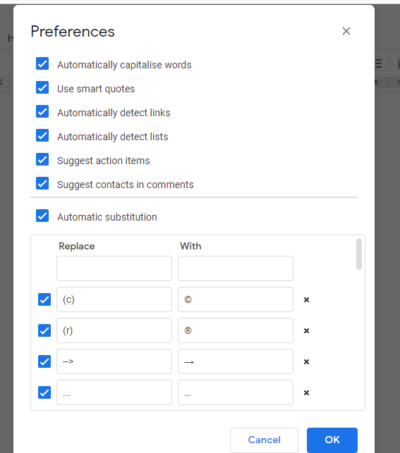The Preferences window how to turn off auto numbering in word/ excel/ google docs