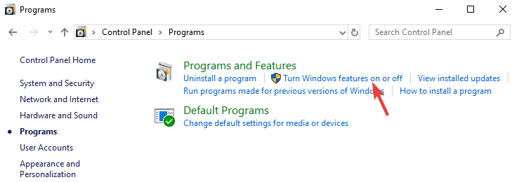 turn windows features on or off programs
