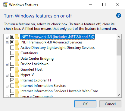 turn windows features on or off selection