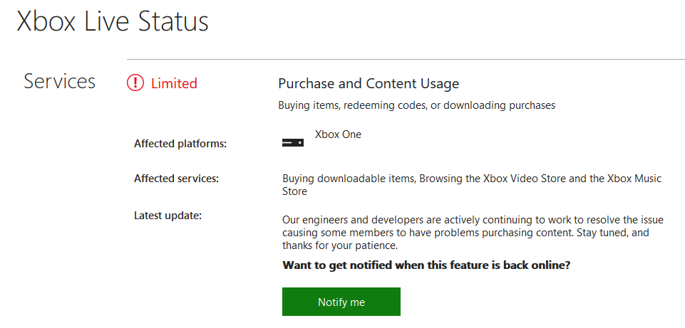 xbox live status Purchase and content usage network error 