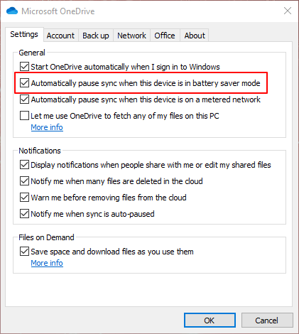 The Automatically pause sync option this pc is in battery saver mode