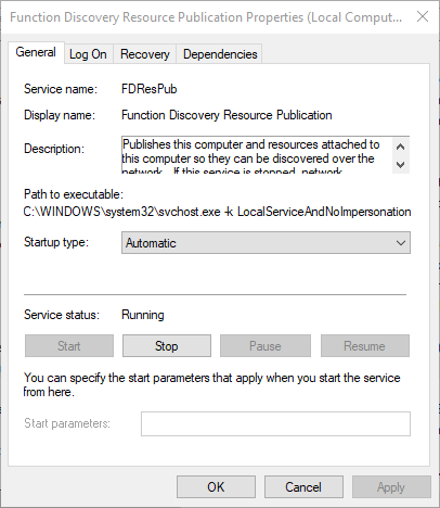 The Function Discovery Resource Publication service windows server not showing up in network