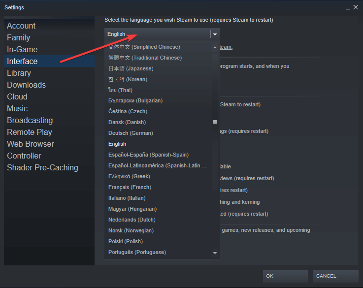 How to change steam language Interface settings
